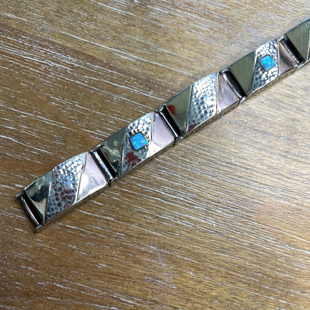 Sterling Silver 6.5" Australian Opal Mixed Metal Link Bracelet